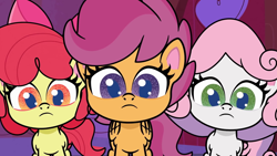 Size: 1920x1080 | Tagged: safe, screencap, character:apple bloom, character:scootaloo, character:sweetie belle, species:earth pony, species:pegasus, species:pony, species:unicorn, episode:disappearing act, g4.5, my little pony:pony life, spoiler:pony life s01e12, animation error, female, filly, missing horn, trio