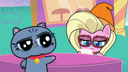 Size: 1920x1080 | Tagged: safe, screencap, species:pony, episode:cute-pocalypse meow, g4.5, my little pony:pony life, spoiler:pony life s01e03, beanie, bubbles (cat), buttershy, cat, clothing, glasses, hat, hipster, tablet