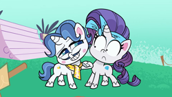 Size: 1920x1080 | Tagged: safe, screencap, character:fancypants, character:rarity, species:pony, species:unicorn, episode:bad thing no. 3, g4.5, my little pony:pony life, spoiler:pony life s01e05, bandana, clothing, female, male, mare, scarf, shrunken pupils, stallion, wide eyes