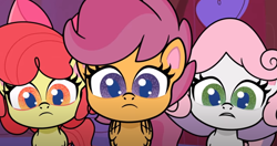 Size: 1272x671 | Tagged: safe, screencap, character:apple bloom, character:scootaloo, character:sweetie belle, species:pegasus, species:pony, episode:disappearing act, g4.5, my little pony:pony life, spoiler:pony life s01e12, animation error, cutie mark, cutie mark crusaders, missing horn