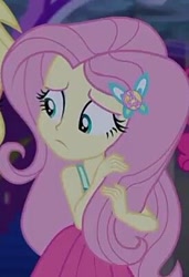 Size: 275x403 | Tagged: safe, screencap, character:fluttershy, equestria girls:spring breakdown, g4, my little pony:equestria girls, cropped, cute, geode of fauna, magical geodes, nervous, playing with hair, shyabetes, sleeveless