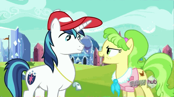 Size: 576x324 | Tagged: safe, screencap, character:chickadee, character:ms. peachbottom, character:shining armor, species:earth pony, species:pony, species:unicorn, episode:games ponies play, g4, my little pony: friendship is magic, all new, animated, bedroom eyes, clothing, crystal empire, female, flirting, hat, hub logo, male, text, whistle