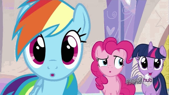 Size: 576x324 | Tagged: safe, screencap, character:pinkie pie, character:rainbow dash, character:twilight sparkle, character:twilight sparkle (unicorn), species:earth pony, species:pegasus, species:pony, species:unicorn, episode:games ponies play, g4, my little pony: friendship is magic, all new, animated, confused, crystal empire, cute, dashabetes, female, gif, hub logo, looking at you, mare, raised eyebrow, reaction image, shiny eyes, text