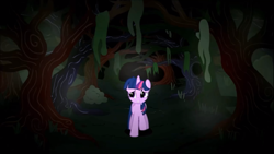 Size: 1360x765 | Tagged: safe, screencap, character:twilight sparkle, character:twilight sparkle (unicorn), species:pony, species:unicorn, bush, female, forest, grass, journey of the spark, limping, looking around, mare, messy mane, mist, moss, night, scar, scared, solo, tree