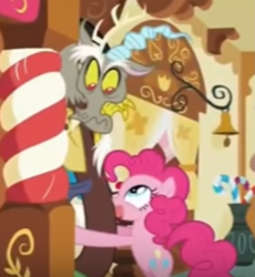 Size: 1153x1253 | Tagged: safe, screencap, character:discord, character:pinkie pie, species:draconequus, species:earth pony, species:pony, ship:discopie, episode:make new friends but keep discord, g4, my little pony: friendship is magic, bakery, candy, candy cane, cropped, female, food, male, misleading thumbnail, out of context, shipping, straight