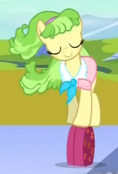 Size: 262x385 | Tagged: safe, screencap, character:chickadee, character:ms. peachbottom, episode:games ponies play, g4, my little pony: friendship is magic, bag, balancing, crystal empire, eyes closed, solo