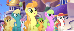 Size: 1920x808 | Tagged: safe, screencap, character:cantaloupe, character:dawn sunrays, character:nougat praliné, species:earth pony, species:pony, species:unicorn, g4, my little pony: the movie (2017), background pony, balloon, bow, canterlot, clones, confetti, cornsilk, female, friendship festival, group, hair bow, hairclip, mane bow, marching, mare, raised hoof, singing, unnamed character, unnamed pony, we got this together