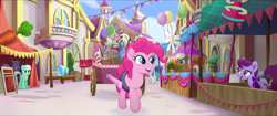 Size: 1920x808 | Tagged: safe, screencap, character:mochaccino, character:pinkie pie, character:rare find, species:earth pony, species:pony, g4, my little pony: the movie (2017), background pony, balloon, bow, canterlot, canterlot shopkeep, cart, female, friendship festival, hair bow, male, mane bow, mare, market, potted plant, stallion, unnamed character, unnamed pony, we got this together, widescreen