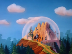 Size: 1200x907 | Tagged: safe, screencap, episode:the great rainbow caper, g1, my little pony 'n friends, dome, forest, laboratory, mountain, no pony, scenery