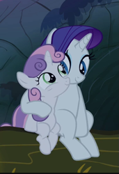 Size: 379x554 | Tagged: safe, screencap, character:rarity, character:sweetie belle, episode:sleepless in ponyville, g4, my little pony: friendship is magic, cropped, cuddling, cute, diasweetes, duo, female, raribetes, siblings, sisterbetes, sisters, sitting, smiling
