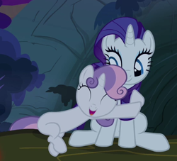 Size: 550x500 | Tagged: safe, screencap, character:rarity, character:sweetie belle, episode:sleepless in ponyville, g4, my little pony: friendship is magic, cropped, cute, diasweetes, duo, eyes closed, hug, open mouth, sisterbetes, sitting