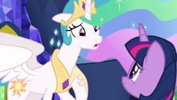 Size: 1280x720 | Tagged: safe, screencap, character:princess celestia, character:twilight sparkle, character:twilight sparkle (alicorn), species:alicorn, species:pony, episode:celestial advice, g4, my little pony: friendship is magic, duo, female, hoof shoes, hooves to the chest, jewelry, mare, raised hoof, tiara