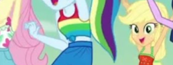 Size: 760x285 | Tagged: safe, screencap, character:applejack, character:fluttershy, character:rainbow dash, episode:i'm on a yacht, g4, my little pony:equestria girls, armpits, arms in the air, cropped, low quality