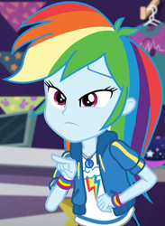 Size: 698x954 | Tagged: safe, screencap, character:rainbow dash, equestria girls:holidays unwrapped, g4, my little pony:equestria girls, canterlot mall, clothing, cloud, cropped, cute, dashabetes, dashing through the mall, female, geode of super speed, hoodie, jacket, jewelry, lidded eyes, magical geodes, merchandise, multicolored hair, necklace, pants, pockets, pointing, rainbow hair, shirt, short sleeves, store, t-shirt, thunderbolt, wristband