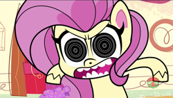 Size: 1280x720 | Tagged: safe, screencap, character:fluttershy, species:pegasus, species:pony, episode:cute-pocalypse meow, g4.5, my little pony:pony life, spoiler:pony life s01e03, angry, flutterrage, nightmare face, solo, treehouse logo