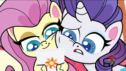 Size: 1280x720 | Tagged: safe, screencap, character:fluttershy, character:rarity, species:pegasus, species:pony, species:unicorn, episode:cute-pocalypse meow, g4.5, my little pony:pony life, spoiler:pony life s01e03, adorable face, cute, ponies with technology, tablet