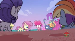 Size: 1585x877 | Tagged: safe, screencap, character:applejack, character:fluttershy, character:pinkie pie, character:rainbow dash, character:rarity, species:earth pony, species:pegasus, species:pony, species:unicorn, episode:cute-pocalypse meow, g4.5, my little pony:pony life, spoiler:pony life s01e03, badass, bubbles (cat), cat, flutterbadass, looking at each other