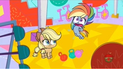 Size: 1513x855 | Tagged: safe, screencap, character:applejack, character:rainbow dash, episode:cute-pocalypse meow, g4.5, my little pony:pony life, spoiler:pony life s01e03, gymnasium, pain, treehouse logo, weights