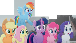 Size: 960x549 | Tagged: safe, screencap, character:applejack, character:fluttershy, character:pinkie pie, character:rainbow dash, character:rarity, character:twilight sparkle, character:twilight sparkle (alicorn), species:alicorn, species:earth pony, species:pegasus, species:pony, species:unicorn, friendship is magic: rainbow roadtrip, g4, my little pony: friendship is magic, applejack's hat, clothing, cowboy hat, cropped, female, flying, gasp, hat, hope hollow, mane six, mare, open mouth, panorama, reaction image, shocked, simple background, transparent background, wings