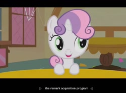 Size: 1279x942 | Tagged: safe, screencap, character:sweetie belle, species:pony, species:unicorn, sweetie bot, female, filly, foal, hooves, horn, robot, robot pony, solo, window, youtube caption