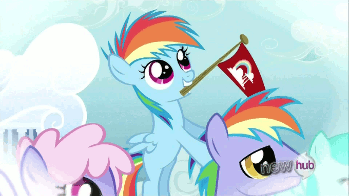 Size: 680x383 | Tagged: safe, screencap, character:rainbow blaze, character:rainbow dash, character:rainbowshine, character:spring melody, character:sprinkle medley, episode:games ponies play, g4, my little pony: friendship is magic, animated, father and daughter, filly, filly rainbow dash, hub logo