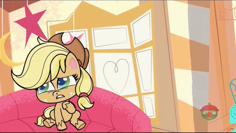 Size: 800x450 | Tagged: safe, screencap, character:applejack, species:earth pony, species:pony, episode:how applejack got her hat back, g4.5, my little pony:pony life, spoiler:pony life s01e04, animated, applejack's hat, cheek squish, clothing, couch, cowboy hat, depressed, falling, freckles, gif, hat, sigh, solo, squishy cheeks, sugarcube corner