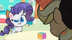 Size: 1920x1074 | Tagged: safe, screencap, character:applejack, character:rarity, species:earth pony, species:pony, species:unicorn, episode:how applejack got her hat back, g4.5, my little pony:pony life, spoiler:pony life s01e04, animated, beret, clothing, cowboy hat, eye twitch, freckles, hat, shrunken pupils, sound, squishy cube, sugarcube corner, table, talking, webm, worried smile