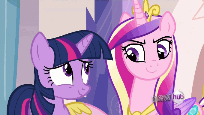 Size: 680x383 | Tagged: safe, screencap, character:princess cadance, character:twilight sparkle, character:twilight sparkle (unicorn), species:alicorn, species:pony, species:unicorn, episode:games ponies play, g4, my little pony: friendship is magic, :o, animated, breathing, cute, eye contact, female, frown, hub logo, looking at each other, mare, open mouth, raised eyebrow, salute, smiling, smirk, underhoof, wide eyes