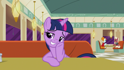 Size: 1920x1080 | Tagged: safe, screencap, character:beaude mane, character:joan pommelway, character:twilight sparkle, character:twilight sparkle (alicorn), species:alicorn, species:earth pony, species:pony, episode:the saddle row review, g4, my little pony: friendship is magic, background pony, bedroom eyes, cafe, female, grin, joan holloway, lidded eyes, male, mare, smiling, stallion