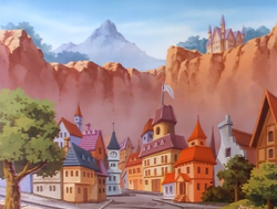 Size: 1000x756 | Tagged: safe, screencap, episode:bright lights, g1, my little pony 'n friends, cliff, house, mountain, no pony, rainbow valley, scenery, town, tree