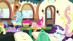 Size: 1920x1080 | Tagged: safe, screencap, character:applejack, character:fluttershy, character:pinkie pie, character:rainbow dash, character:rarity, character:twilight sparkle, episode:games ponies play, g4, my little pony: friendship is magic, animation error, background pony, circling stars, mane six, seat, train, wall, window