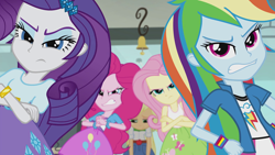 Size: 1280x720 | Tagged: safe, screencap, character:applejack, character:fluttershy, character:pinkie pie, character:rainbow dash, character:rarity, episode:a case for the bass, equestria girls:rainbow rocks, g4, my little pony:equestria girls, angry, cracking knuckles, crossed arms, female, humane five, sad