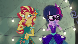 Size: 1280x720 | Tagged: safe, screencap, character:sunset shimmer, character:twilight sparkle, character:twilight sparkle (scitwi), species:eqg human, equestria girls:legend of everfree, g4, my little pony:equestria girls, bare shoulders, blushing, clothing, dress, duo, duo female, female, holding shoes, shoes, sleeveless, strapless