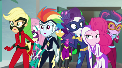 Size: 1280x718 | Tagged: safe, screencap, character:applejack, character:fili-second, character:fluttershy, character:mane-iac, character:masked matter-horn, character:mistress marevelous, character:pinkie pie, character:radiance, character:rainbow dash, character:rarity, character:saddle rager, character:sunset shimmer, character:twilight sparkle, character:twilight sparkle (scitwi), character:zapp, species:eqg human, episode:power ponies, equestria girls:movie magic, g4, my little pony: friendship is magic, my little pony:equestria girls, clothing, costume, female, geode of super speed, geode of telekinesis, humane five, humane seven, humane six, magical geodes, wig