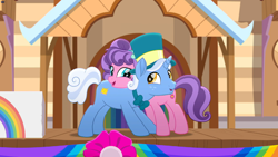 Size: 2560x1440 | Tagged: safe, screencap, character:petunia petals, character:sunny skies, species:earth pony, species:pony, species:unicorn, friendship is magic: rainbow roadtrip, g4, my little pony: friendship is magic, duo, female, male, mare, stallion