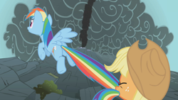 Size: 1280x720 | Tagged: safe, screencap, character:applejack, character:rainbow dash, species:pony, episode:dragonshy, g4, my little pony: friendship is magic, butt, cute, plot, pulling, rainbutt dash, tail, tail pull