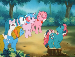 Size: 1000x757 | Tagged: safe, screencap, character:buttons (g1), character:fizzy, character:galaxy (g1), character:gusty, character:ribbon (g1), species:pony, species:unicorn, episode:sweet stuff and the treasure hunt, g1, my little pony 'n friends, bow, female, mare, tail bow, tree stump