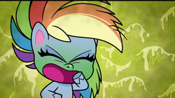 Size: 720x404 | Tagged: safe, screencap, character:rainbow dash, species:pegasus, species:pony, episode:pinkie pie: hyper-helper, g4.5, my little pony:pony life, spoiler:pony life s01e06, coughing, green background, green face, mucus, poor rainbow dash, sick, sickbow dash, simple background, solo