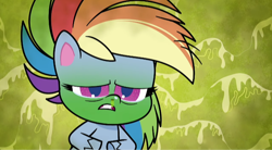 Size: 720x398 | Tagged: safe, screencap, character:rainbow dash, species:pegasus, species:pony, episode:pinkie pie: hyper-helper, g4.5, my little pony:pony life, spoiler:pony life s01e06, female, green background, green face, mare, poor rainbow dash, runny nose, sick, sickbow dash, snot