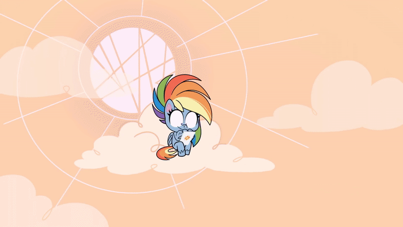 Size: 800x450 | Tagged: safe, screencap, character:rainbow dash, species:pegasus, species:pony, episode:the fluttershy effect, g4.5, my little pony:pony life, spoiler:pony life s01e10, animated, cloud, female, gif, mare, moon, ponies with technology, smoke, solo, sun, tablet, time lapse