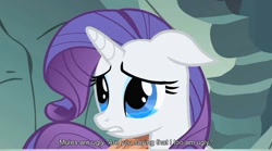 Size: 846x471 | Tagged: safe, screencap, character:rarity, species:pony, species:unicorn, episode:a dog and pony show, g4, my little pony: friendship is magic, cave, crying, floppy ears, sad, solo