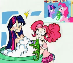 Size: 2453x2139 | Tagged: safe, artist:citi, screencap, character:gummy, character:pinkie pie, character:twilight sparkle, species:human, episode:feeling pinkie keen, g4, my little pony: friendship is magic, alligator, bathtub, bubble bath, eye clipping through hair, eyebrows, eyebrows visible through hair, humanized, mouth hold, pinkie being pinkie, scene interpretation, screencap reference, shocked expression, strategically covered, wet mane