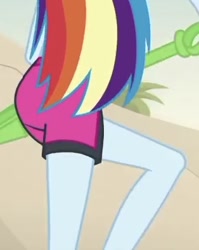Size: 314x395 | Tagged: safe, screencap, character:rainbow dash, episode:lost and found, g4, my little pony:equestria girls, ass, beach, butt, clothing, cropped, i watch it for the plot, legs, rainbutt dash, shovel, swimsuit