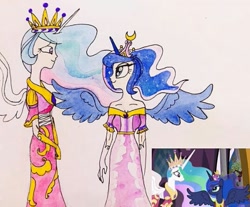 Size: 537x445 | Tagged: safe, artist:lunaart, screencap, character:princess celestia, character:princess luna, species:human, episode:magical mystery cure, g4, my little pony: friendship is magic, clothing, crown, dress, female, horn, horned humanization, humanized, jewelry, looking at each other, regalia, royal sisters, scene interpretation, siblings, sisters, winged humanization, wings