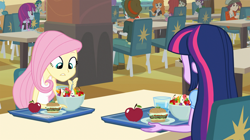Size: 1904x1064 | Tagged: safe, screencap, character:fluttershy, character:twilight sparkle, character:twilight sparkle (eqg), species:eqg human, equestria girls:equestria girls, g4, my little pony:equestria girls, apple, bowl, burger, cafeteria, canterlot high, chair, food, fruit, glass, hamburger, plate, spoon, table