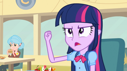 Size: 1904x1064 | Tagged: safe, screencap, character:twilight sparkle, character:twilight sparkle (eqg), species:eqg human, equestria girls:equestria girls, g4, my little pony:equestria girls, background human, bag, bow tie, burger, cafeteria, canterlot high, carla jr., chair, clothing, cropped, ear piercing, earring, food, french fries, fruit, hamburger, jewelry, piercing, pin, plate, sauce, stars, table