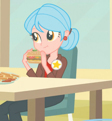 Size: 512x556 | Tagged: safe, screencap, equestria girls:equestria girls, g4, my little pony:equestria girls, background human, burger, cafeteria, canterlot high, carla jr., chair, clothing, cropped, ear piercing, earring, food, french fries, hamburger, jewelry, pants, piercing, pin, plate, sauce, solo, stars, table