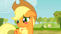 Size: 1280x720 | Tagged: safe, screencap, character:applejack, episode:the last roundup, g4, my little pony: friendship is magic, blushing, cute, jackabetes, solo