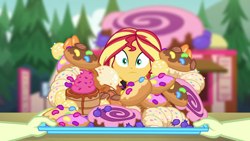 Size: 1280x720 | Tagged: safe, screencap, character:sunset shimmer, episode:wake up!, g4, my little pony:equestria girls, bread, candy, croissant, cute, donut, female, food, junk food, shimmerbetes, solo, sweets, this will end in diabetes, this will end in weight gain, this will not end well, wake up!: pinkie pie