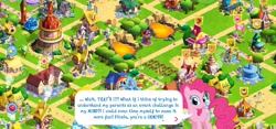 Size: 2312x1080 | Tagged: safe, gameloft, screencap, character:pinkie pie, character:rarity, character:sapphire shores, character:starlight glimmer, breaking the fourth wall, fourth wall, gameloft shenanigans, pinkie being pinkie, ponyville